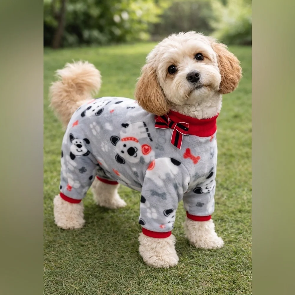 Cozy Snow Pup Fleece Dog Pajamas | Medium Dog Outfit | Holiday Loungewear